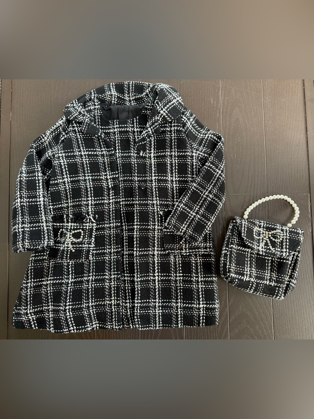 Kids Black & White Plaid Tweed Coat with Matching Purse Size 4T
